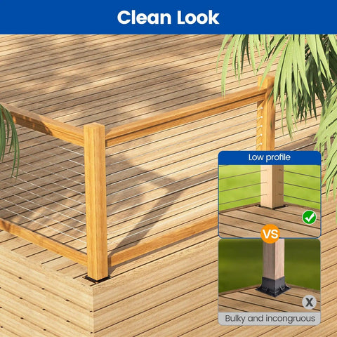 Deck with railing support using 4x4 Wood Post Plate Connector And Post Base Bracket Black For Deck Fence Porch Railing Support