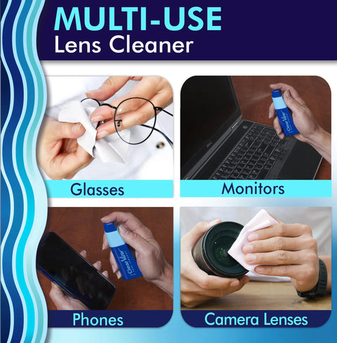 Portable lens cleaner kit with blue spray bottle and microfiber cloth for glasses, phones, monitors, camera lenses.