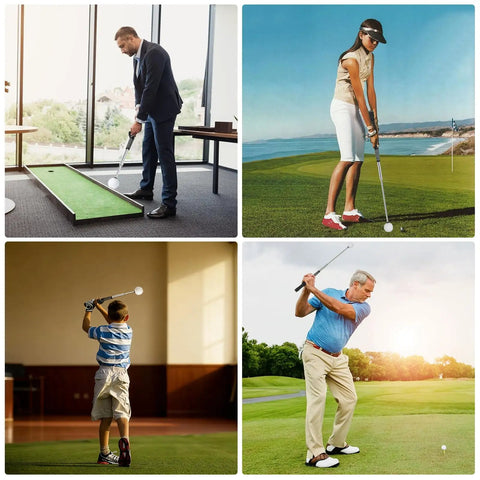 Four people using Retractable Golf Swing Trainer With Grip Trainer And Click Feedback For Tempo And Swing Mechanics outdoors and indoors