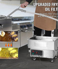 Commercial Deep Fryer Oil Filter Machine With High Efficiency 300W Pump Ideal For Kitchen And Restaurant Use, shown in action filtering oil.