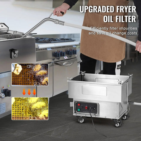 Commercial Deep Fryer Oil Filter Machine With High Efficiency 300W Pump Ideal For Kitchen And Restaurant Use, shown in action filtering oil.