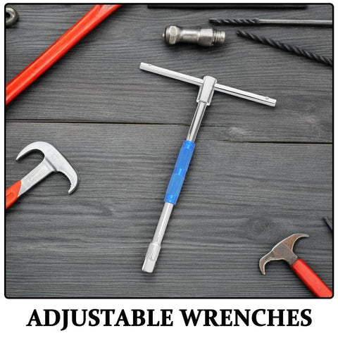 Adjustable Hex Socket Wrench With Ratcheting T Handle And Ergonomic Grips For Heavy Duty Vehicle Repair and Auto Maintenance, steel, blue grip.