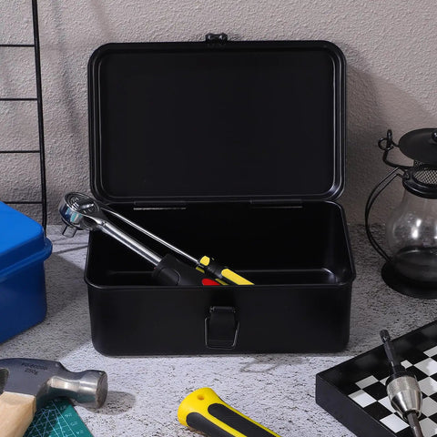 Heavy Duty Metal Tool Box Portable Mechanic Storage Chest For Car Trunk Workbench Organizer, open with tools inside.