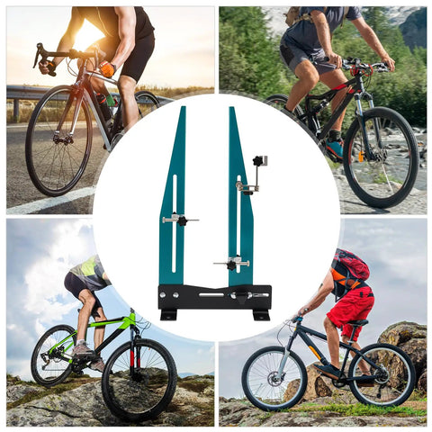 Portable Wheel Truing Stand For MTB And Road Bikes Pro-Grade Rim Alignment Tool displayed with cyclists and bikes