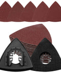 Two Pack Three One Eighth Inch Oscillating Tool Sanding Pad And Fifty Triangular Sanding Pads Set With Assorted 60 80 120 180 240 Grits Universal Hook And Loop Multitool Sanding Pads Attachment Kit with pads displayed