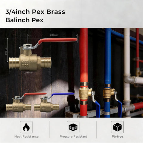 3/4 Inch PEX Ball Valve Four Pack Lead Free Brass Shut Off Valves For Hot And Cold Water Two Red And Two Blue Durable 400 PSI PEX Plumbing Valves NSF Certified with red and blue handles installed