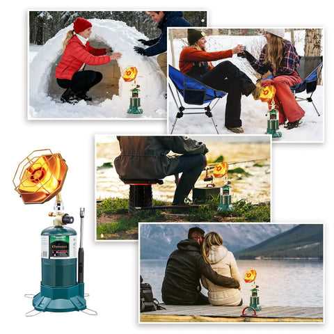 6200 BTU Portable Propane Camping Heater with Radiant Burner used for tent and outdoor warmth, stable base, 1 lb tank fit