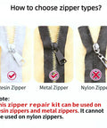 Image showing compatibility of Three Size Zipper Repair Kit With Double Sided Sliders And Pulls For Jackets Luggage Backpacks And Outdoor Gear No Sew Installation Easy DIY Fix For Any Zipper No Sweat with resin and metal zippers.