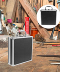 Boss Grade Aluminum Alloy Toolbox Featuring Secure Locking Panel And Portable Tool Stash Hella Tough For Hardworking Crews And DIY Enthusiasts on a workbench.