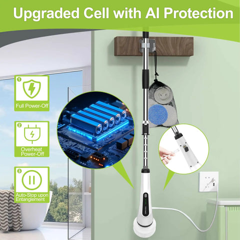 Badass Cordless Electric Spin Scrubber With High Torque Motor And Adjustable Speeds For Blasting Away Tough Bathroom Scale And Shower Soap Scum Long Lasting Battery Keeps You Working Harder, shown with AI protection features.