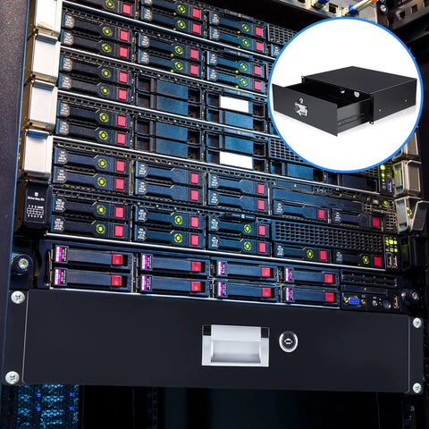 Pro Grade Heavy Duty 19 Inch Server Rack Drawers In A Complete Three Piece 2U 3U 4U Metal Set featuring a black drawer in use.