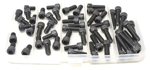 50 Piece Sae 1/4 20 Hex Socket Head Cap Screw Assortment Set Featuring 3/8 To 1 Inch Lengths in clear storage box.