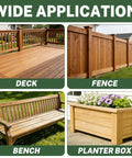 Wide application of outdoor decking screws for wood projects like decks, fences, benches, and planter boxes.