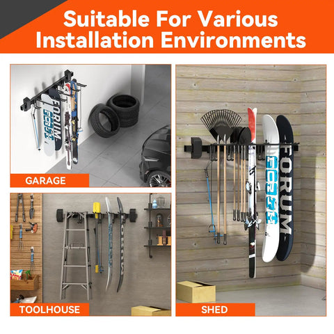 Premium Heavy Duty Ski And Snowboard Wall Rack For Garage Features Hella Adjustable Hooks And Rock Solid Steel Brackets in various settings.