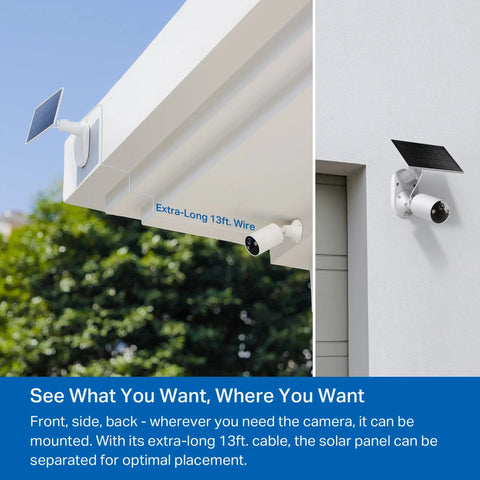 Solar Powered Outdoor Security Cam 1080p Wireless Battery Powered With Solar Panel Person Detection Local Storage Or Optional Cloud No Monthly Fees Works With Alexa And Google Assistant C402 Kit installed on house exterior