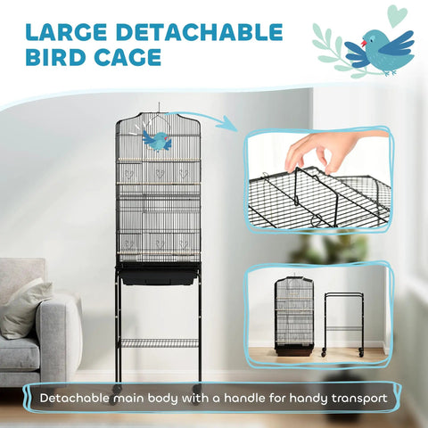Heavy Duty Sixty Inch Metal Bird Cage With Easy Rolling Stand And Handy Storage Basket For Small Parrots Budgies Plus Full Pet Start Kit Accessories Ready To Treat Your Feathered Crew Black Indoor Flight Habitat with detachable body.