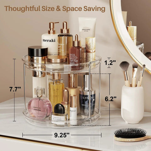 Smooth Spinning Two Tier Lazy Susan Turntable Organizer For Kitchen Pantry Fridge And Bathroom Vanity Spice Rack Storage Total No Fuss Slick Compact 9.25 Inch Dual Pack System with various bottles on a clear base.