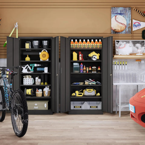 Built Like A Tank 71 Inch Tall Metal Storage Cabinet With Secure Locking Double Doors And Five Fully Adjustable Shelves In Durable Black Finish For Garage And Office, showing contents inside.