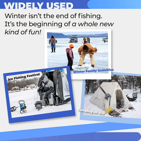 Heavy Duty Ice Auger Drill Bit Adapter Compatible With Clam Drill Plate For K Drill And StrikeMaster Lite Flite Fits Standard Power Auger Bits Rock Solid Gear For Winter Fishing Ops, showcasing ice fishing activities and family fun.
