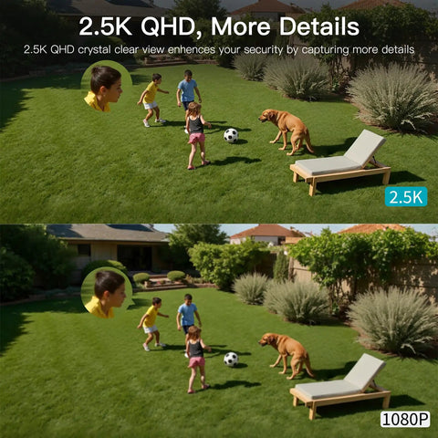 2.5K Outdoor Indoor Security Camera System With Color Night Vision capturing clear outdoor scene with kids, dog, and lawn chair
