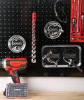 3 Piece Magnetic Tool Tray Set keeps screws sockets bolts pins and tools in one spot on black pegboard above workbench