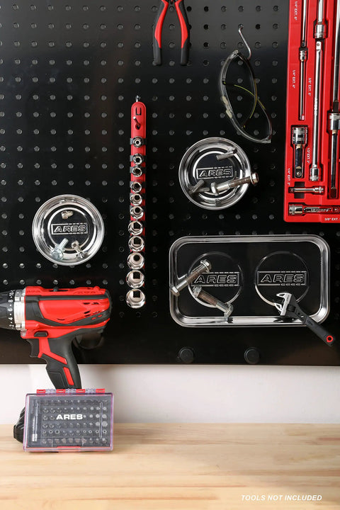 3 Piece Magnetic Tool Tray Set keeps screws sockets bolts pins and tools in one spot on black pegboard above workbench