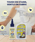 Secret Spot Remover For Clothes Chlorine Free Toxin Free Stain Remover For Fabric That Eliminates Oil Paint Blood And Pet Stains Without Damaging Color Safe On Most Fabrics Gentle Non Bleach Formula 2 Ounce Bottle next to spray bottle on table