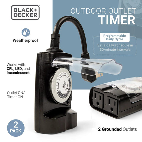 Waterproof Outdoor Plug Timer With Dual Grounded Outlets, Analog Clock Schedule Controller, Straight Up Weatherproof Build, Hella Easy Setup For Garden Lighting, 2 Pack Bundle close-up showing programmable dial and two outlets.