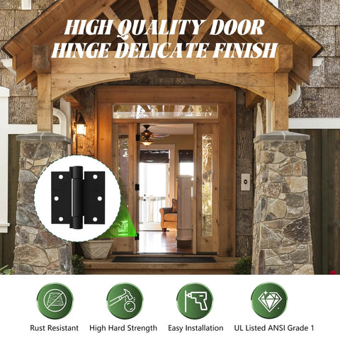 Top Shelf 3 Pack Self Closing Door Hinges 3 1 2 Inch Matte Black Adjustable Tension shown on double doors in rustic setting.