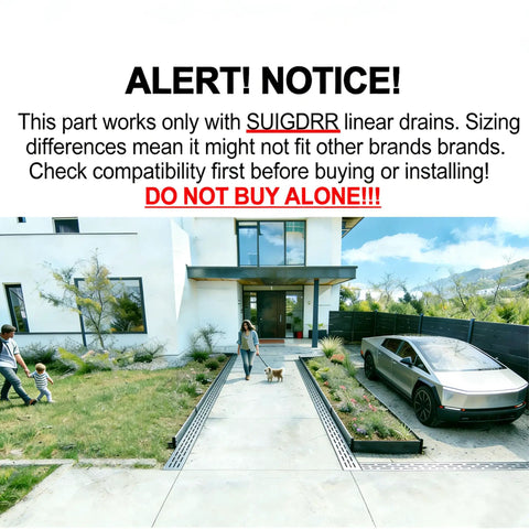 Heavy Duty 304 Stainless Steel Trench Drain Kit With Grid Grate And Coupling For Outdoor Pool Deck Driveway Or Garage Hella Tough Rust Proof Build shown in residential setting with people.