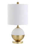 White And Brass Gold Ceramic Table Lamp With White Linen Drum Shade, Sleek Modern Glam Nightstand Light For Bedroom Or Living Room