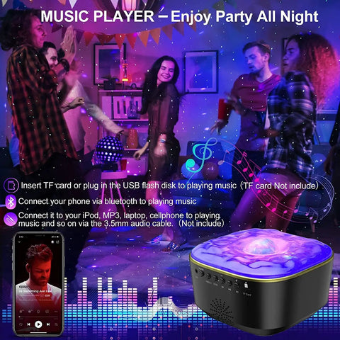 Lit Star Projector Galaxy Night Light With Remote And Timer displaying ocean wave projection in a vibrant party setting.