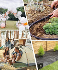 Collage featuring 25 Pack 6 Inch Landscape Staples 11 Gauge Galvanized Lawn Stakes for securing fabric in garden setups.
