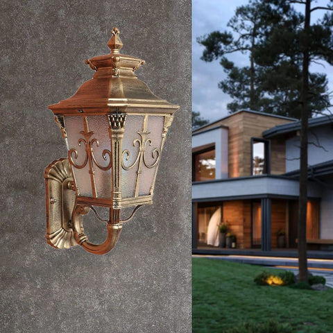 Rustic Exterior Wall Lantern Heavy Duty Outdoor Light Fixture For Front Porch Durable All Weather Barn Style Sconce With Solid Antique Brown Finish mounted on a textured wall.