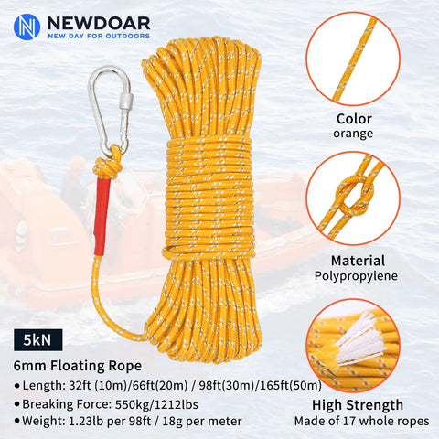 Hella Tough 6 mm Braided Floating Dock Rope With Bright Reflective Markings And Heavy Duty Swivel Hooks For Boat Anchoring Campouts And Lake Days Yellow Twenty Meter Line Rock Solid Build displayed on a water background.
