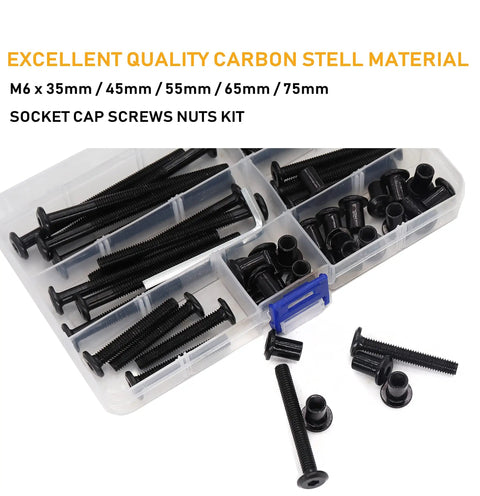 Tough As Nails M6 Barrel Nut And Hex Drive Bolt Assortment Kit Includes Hex Key For Dead Easy Furniture Assembly And Woodworking Projects Killer Carbon Steel Build Guaranteed To Perform Daily, showing black screws and nuts.