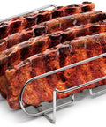Nonstick Rib Rack For Grilling And Smokin Holds Four Rib Racks Porcelain Coated Steel Stand with ribs in BBQ accessory.