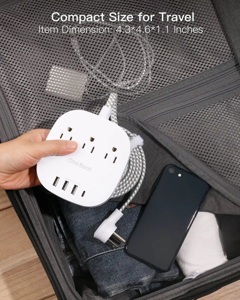 20W USB C Desktop Power Strip With 3 AC Outlets, 3 USB-A Ports, And 1 USB-C Fast Charge shown compactly in a suitcase
