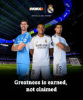 WORX partnership image with Real Madrid players in kits, showcasing teamwork and the message "Greatness is earned, not claimed."