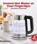 1.7L Electric Kettle For Tea And Water With Borosilicate Glass Body And Stainless Steel Water Path, shown on kitchen counter