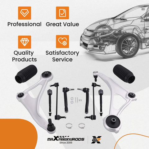 Ready To Roll 10 Piece Front Suspension And Steering Repair Kit For Nissan Altima 2013 2014 displayed with control arms, tie rods and boots.