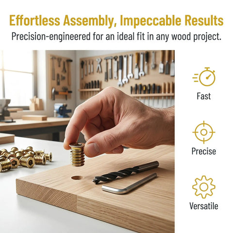 Wood Threaded Inserts Kit Includes 1/4-20x15 Metal Nut Inserts And Hex Wrench For Quick Easy Wood Fastening DIY Furniture Repair Woodworking Upgrade Durable Nuts For Projects And Repairs. Hand placing brass threaded insert in wood with drill bit and hex wrench