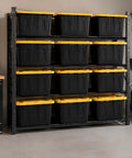 Tough As Nails Heavy Duty Storage Totes With Lids 27 Gallon stacked on shelves in garage, perfect for organizing seasonal gear.