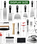 134 Piece Griddle Accessories Kit For Hibachi Flat Top Grills with spatulas, scraper, basting cover, tongs, and silicone glove display