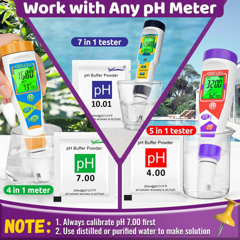 15 Pack pH Calibration Buffer Kit With pH 4.00 7.00 And 10.01 Powders Includes Three Airtight Bottles For Easy Prep And Long Term Storage Ultra High Accuracy For Water Beverages And Lab Meters Pro Grade displayed with pH meters and powder packets