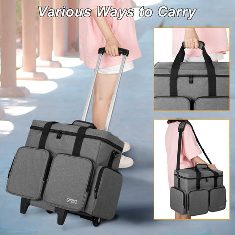 Rolling Scrapbook Tote On Wheels With Detachable Trolley And Bottom Wooden Board, shown being carried by a person, gray color.