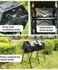 Four Chamber Rotating Compost Bin With Independent Drum Design Metal Frame And PE Shell 74 Gallon Capacity Sliding Doors Easy Tumbling For Quick Kitchen And Garden Waste No Mess In Your Yard on a metal stand in a garden.