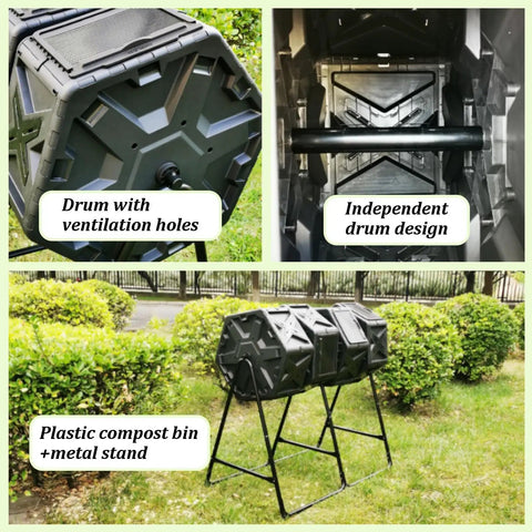 Four Chamber Rotating Compost Bin With Independent Drum Design Metal Frame And PE Shell 74 Gallon Capacity Sliding Doors Easy Tumbling For Quick Kitchen And Garden Waste No Mess In Your Yard on a metal stand in a garden.