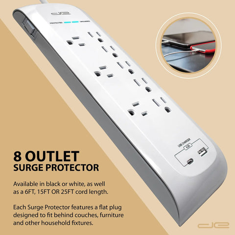 25 Foot USB C And USB A Surge Protector Power Strip With 8 Outlets 4200 Joules Heavy Duty Overload Protection Flat Plug