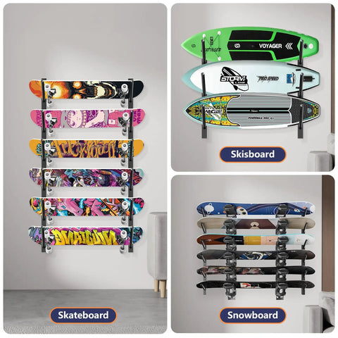 Rad Six Tier Skateboard Wall Mount And Snowboard Rack Heavy Duty Horizontal Board Hanger storing skateboards and skis on wall.